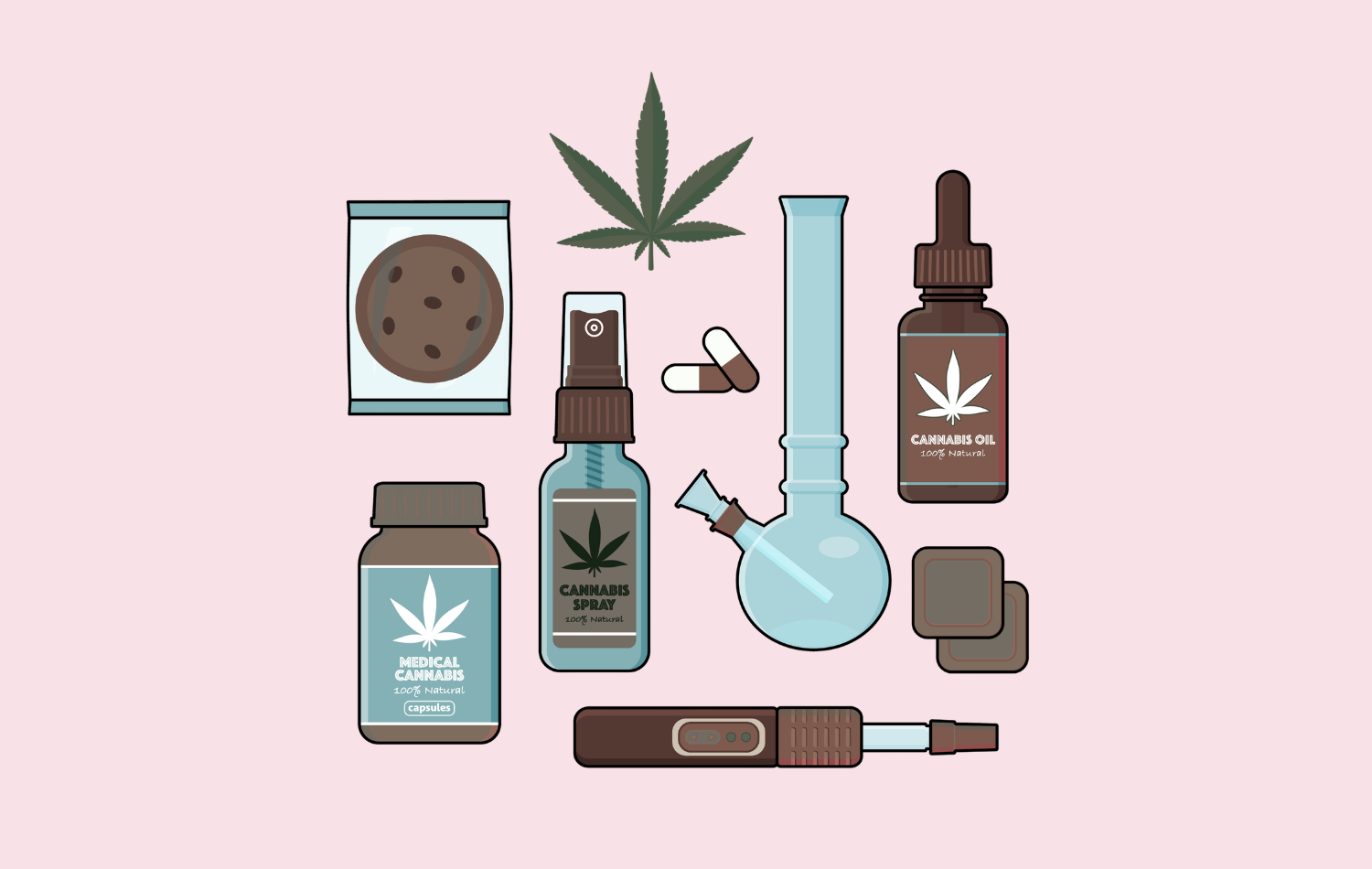 Illustration af forskellige cannabisprodukter, herunder en småkage, en spray, en vape-pen, en bong, kapsler, dråbeflasker med olie og et cannabisblad, alt sammen anbragt på en lyserød baggrund.