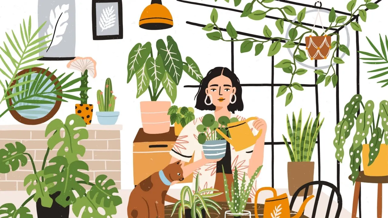 Illustration af en kvinde omgivet af grønne stueplanter, som hun vander med en gul vandkande.