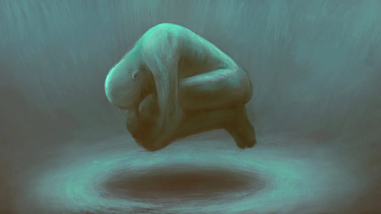 En ansigtsløs, menneskelignende skikkelse svæver i fosterstilling over en mørk, cirkelformet skygge, omgivet af et stemningsfuldt, blågrønt lys og en struktureret baggrund, hvilket skaber en surrealistisk og introspektiv atmosfære.