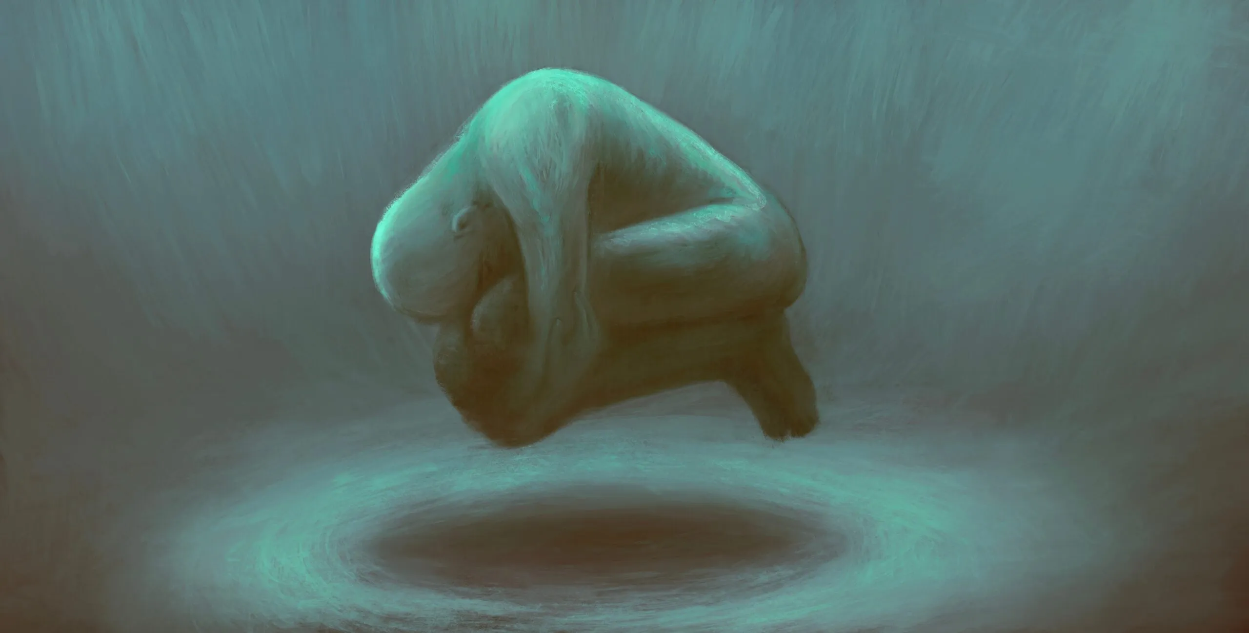 En ansigtsløs, menneskelignende skikkelse svæver i fosterstilling over en mørk, cirkelformet skygge, omgivet af et stemningsfuldt, blågrønt lys og en struktureret baggrund, hvilket skaber en surrealistisk og introspektiv atmosfære.