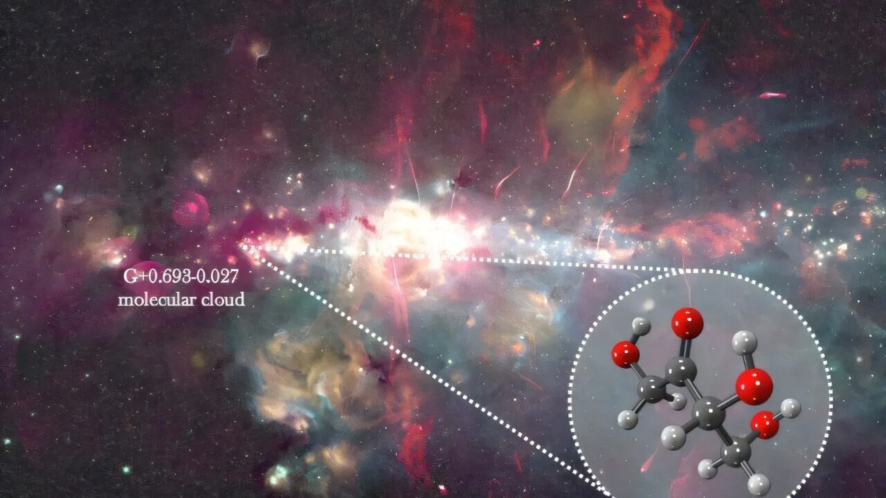 En molekylær sky i rummet er fremhævet, og en cirkel, der er zoomet ind på, viser en 3D-model af erythrosemolekylet. Teksterne lyder »G+0,693-0,027 molekylær sky« og »Erythrose« i de respektive områder.