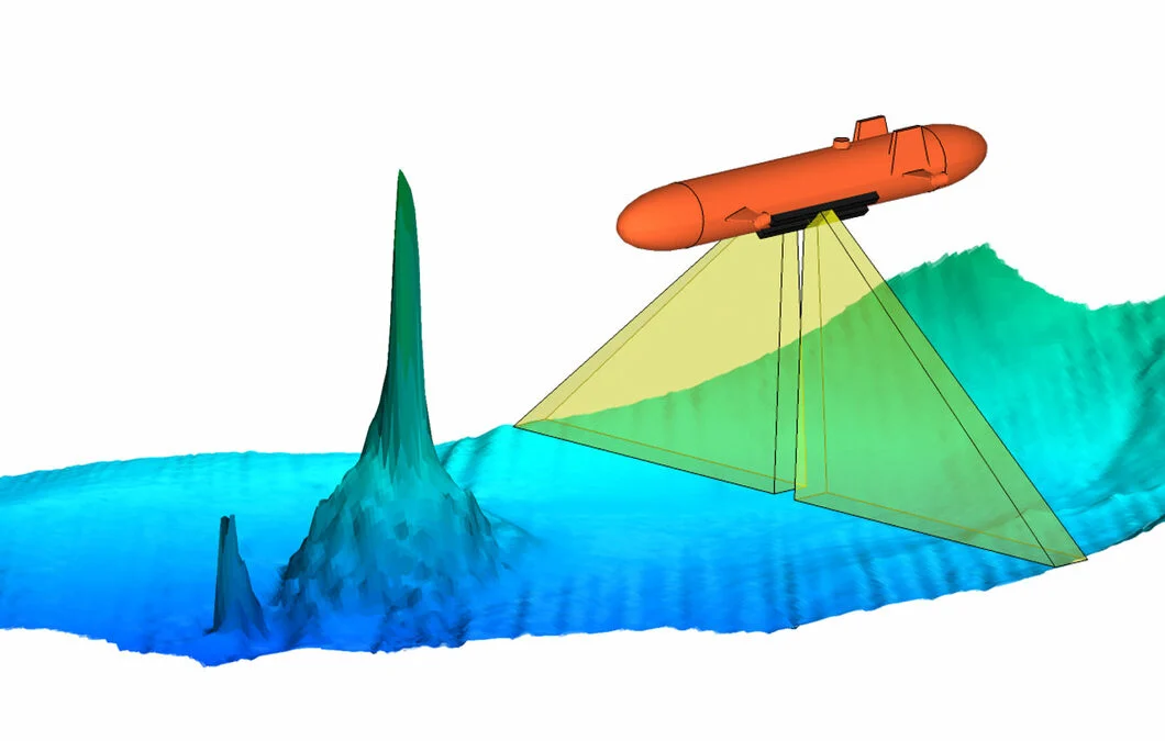 En 3D-illustration af en undervandsdrone, der kortlægger havbunden ved hjælp af sonarstråler, og som viser havbundens topografi, herunder to høje toppe.