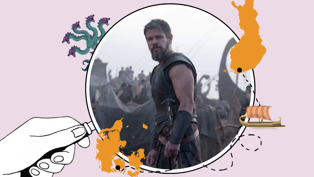 Odysseus står ved sit skib, og i baggrunden sidder hans mænd.