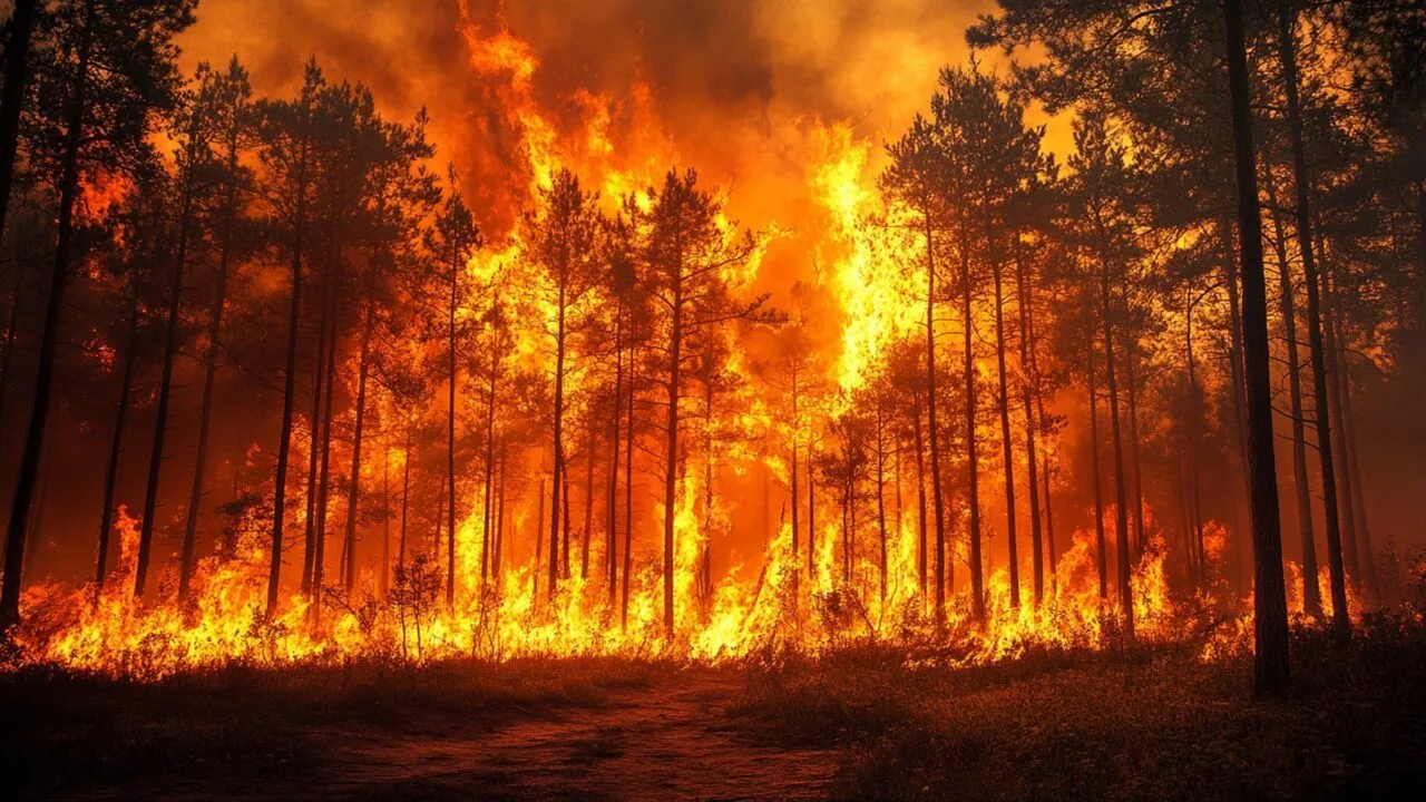 På billedet ses en skov, der står i brand,