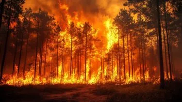 På billedet ses en skov, der står i brand,