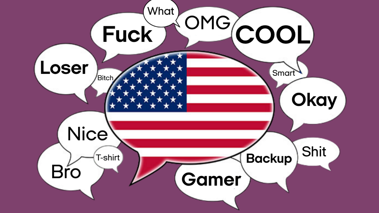 En stor taleboble med det amerikanske flag er omgivet af mindre bobler, der indeholder engelsk slang og almindelige ord som »Cool«, »OMG«, »Gamer«, »Bro«, »What«, »Nice«, »Fuck« og flere andre, på en lilla baggrund.