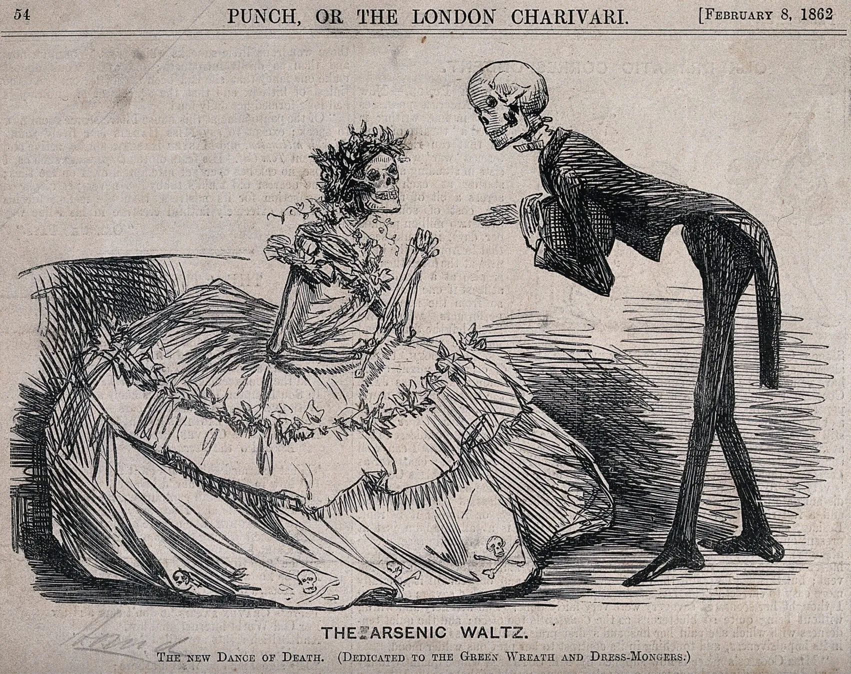 Et skelet i en kjole valser med et skelet i et jakkesæt. Billedteksten lyder: »THE ARSENIC WALTZ«. Den nye dødsdans. Illustrationen stammer fra et nummer af Punch, eller London Charivari, fra 1862.