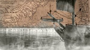 Et gammelt skib sejler gennem tåget vand med et antikt kort over Europa i baggrunden og klipper langs kysten, hvilket skaber en vintage-agtig opdagelsesrejse-scene.