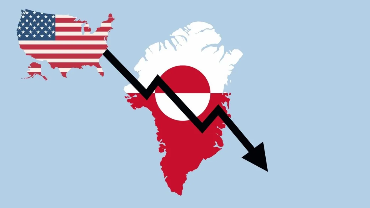 En nedadgående pil forbinder et kort formet som det amerikanske flag med et kort over Grønland med dets flag.