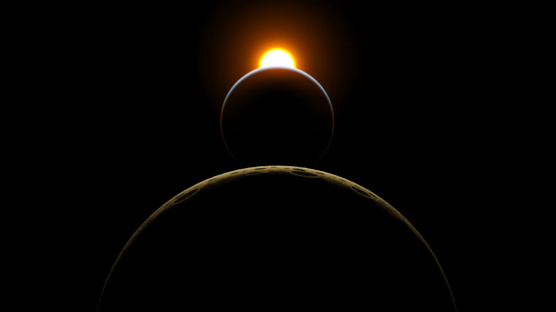 En strålende sol stiger op bag en mørk planet og en måne og skaber en lys glorieeffekt i rummet, hvor de tre himmellegemer står på linje.