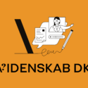 En orange baggrund med teksten VIDENSKAB DK. Ovenfor ses en tegning af en kvinde, et diagram, en taleboble og en pen. Til venstre ses et stort sort V.