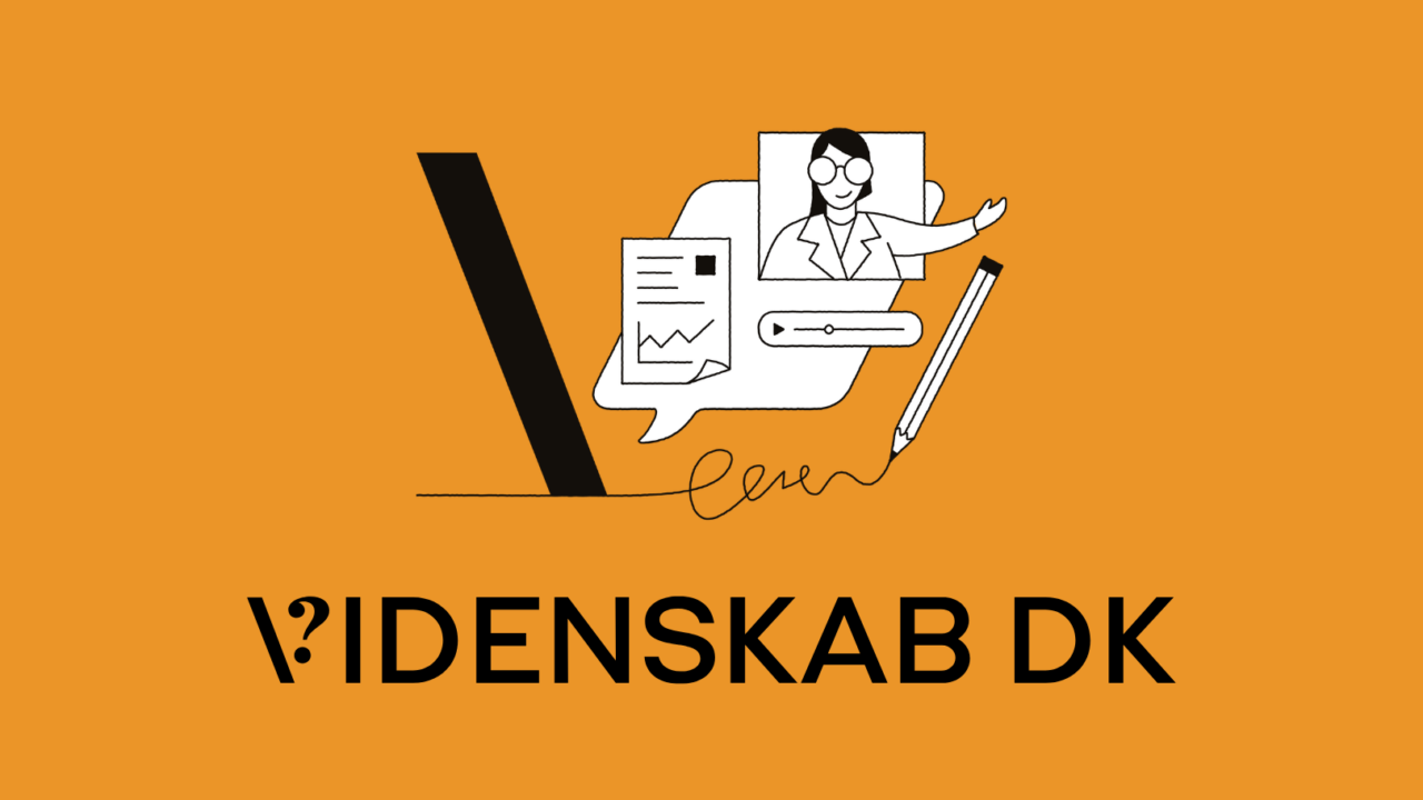 En orange baggrund med teksten VIDENSKAB DK. Ovenfor ses en tegning af en kvinde, et diagram, en taleboble og en pen. Til venstre ses et stort sort V.