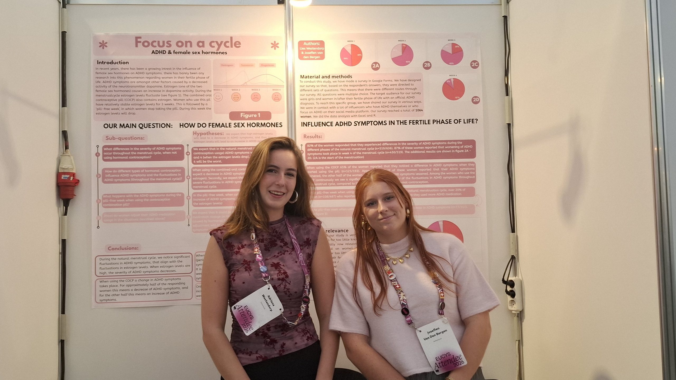 To unge kvinder står og smiler foran en videnskabelig plakat om ADHD og kvindelige kønshormoner, som indeholder tabeller, tekst og diagrammer. Begge bærer konferencebadges og afslappet tøj.