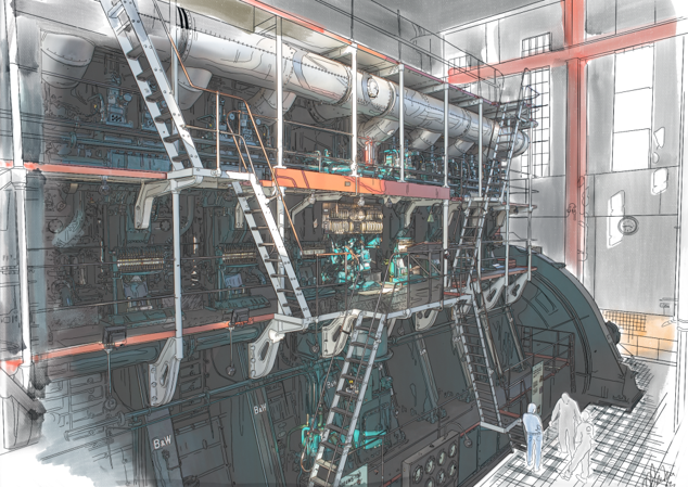 Detaljeret digital illustration af det indre af et industrielt kraftværk, der viser store maskiner, metalstiger, to personer i laboratoriekitler, høje lofter og sollys, der strømmer ind gennem høje vinduer.
