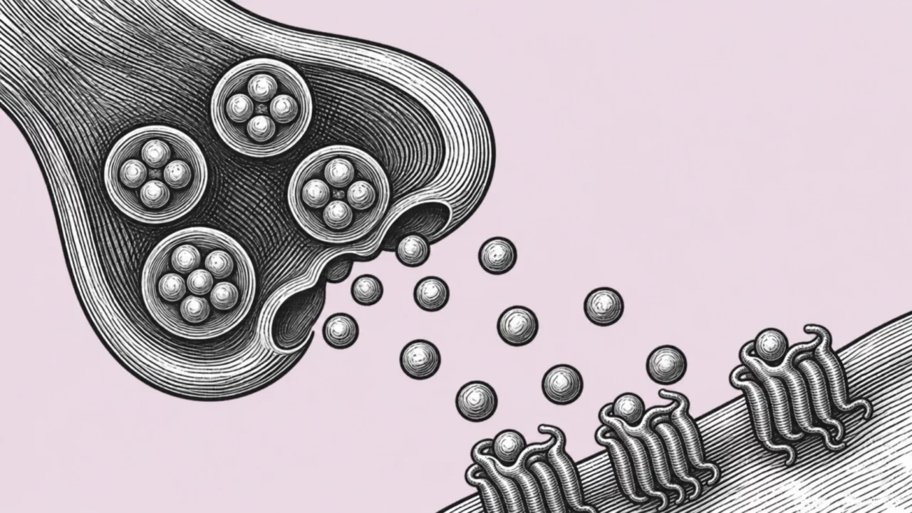Sort-hvid tegning af en synapse, der viser runde vesikler, der frigiver neurotransmittere på tværs af et mellemrum mod receptorer på en nærliggende membran, på en lyselilla baggrund.