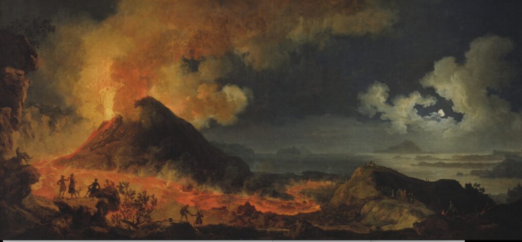 En vulkan går i udbrud om natten og spyr lava og røg ud. Folk flygter fra den strømmende lava, mens den dramatiske himmel oplyses af udbruddet og måneskinnet.