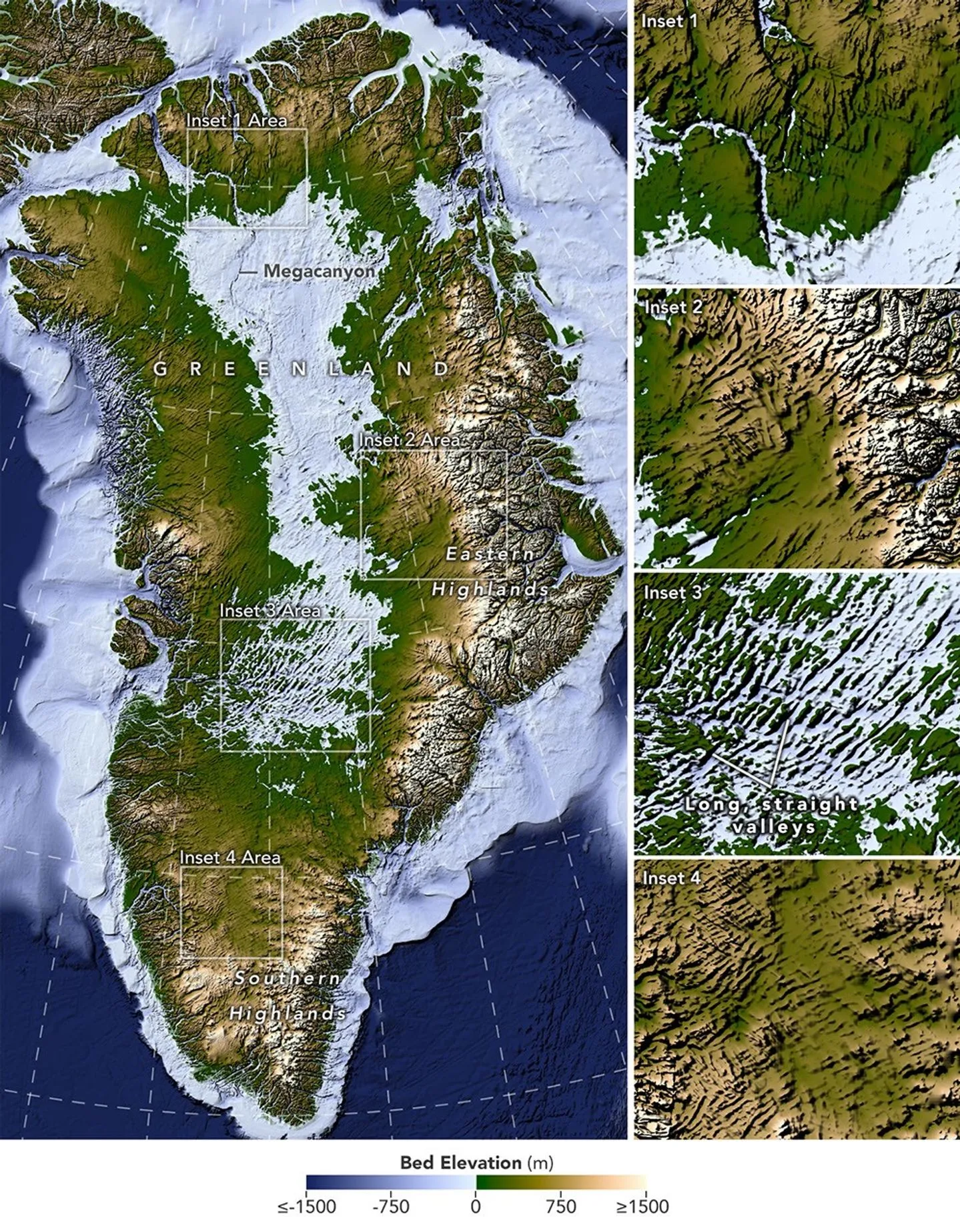 Kort over Grønland, der viser havbundshøjden fra -1500 m til 1500 m; brunt angiver højtliggende områder, grønt angiver lavtliggende områder. Indsnittene til højre viser den detaljerede topografi i bestemte regioner, herunder sne- og isdække.