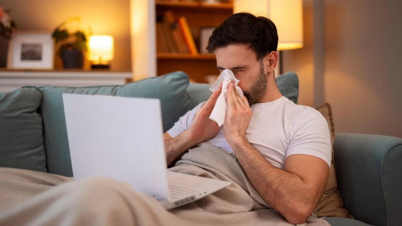 En mand sidder på en sofa med et tæppe, bruger en bærbar computer og pudser næsen i et papirlommetørklæde. Rummet er oplyst i et varmt lys, og der står en plante og nogle bøger på en hylde i baggrunden.