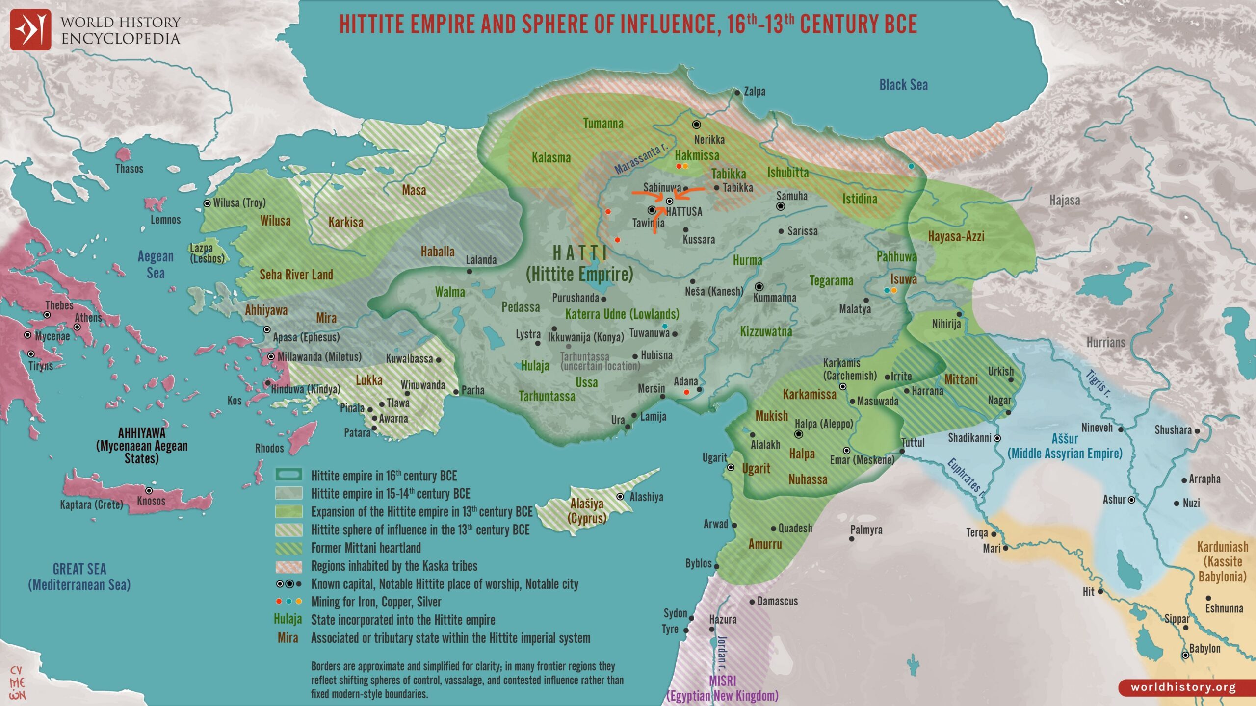 Kort, der viser det hettitiske rige og dets indflydelsessfære fra det 16. til det 13. århundrede f.Kr., som omfattede det centrale Anatolien og tilstødende regioner, med angivelse af byer, ruter og naboriger.