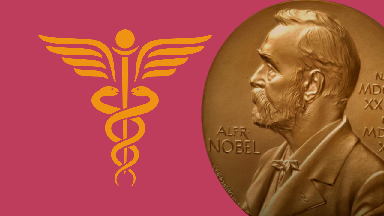 Et guldfarvet kaduceus-symbol og en Nobelpris-medalje med Alfred Nobels profil på en ensfarvet lyserød baggrund.