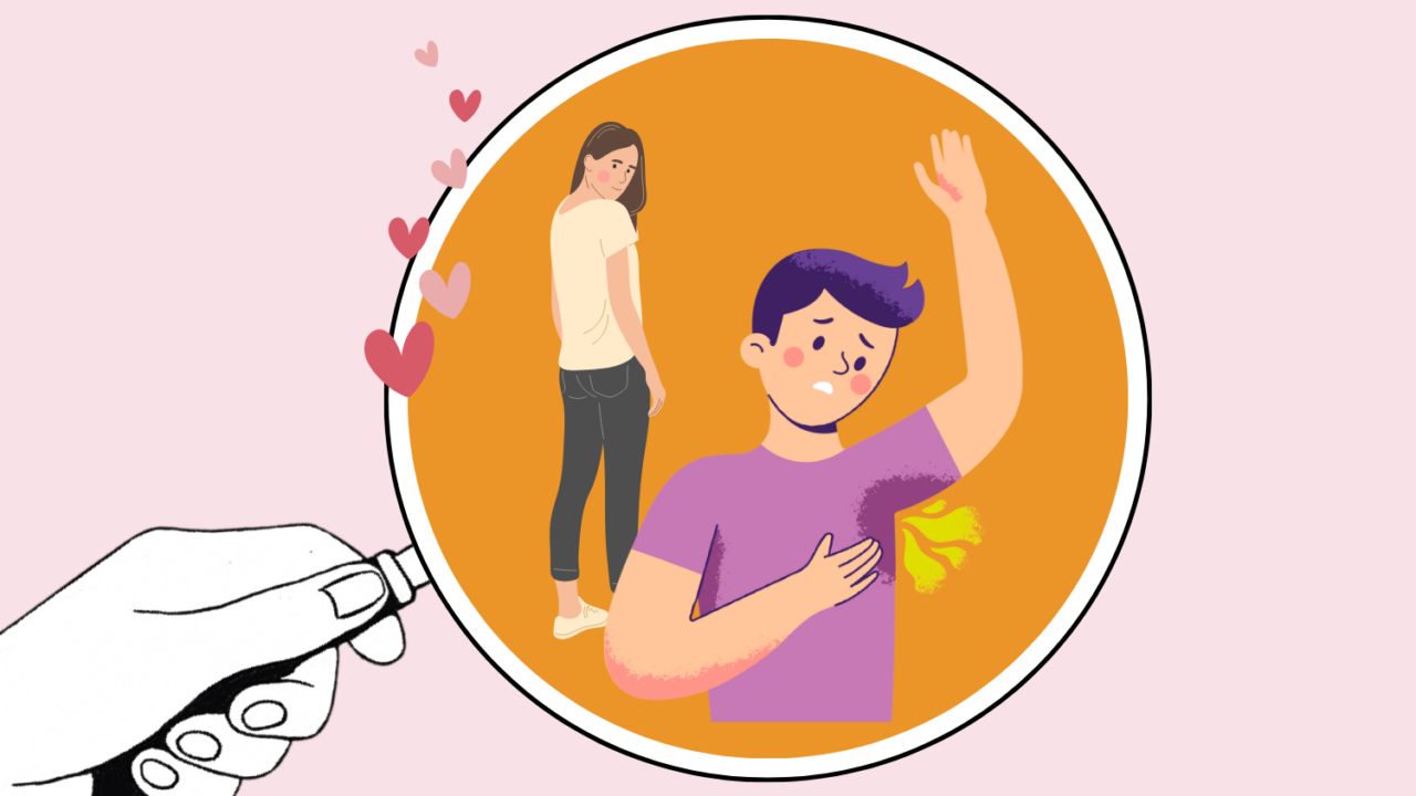 Illustration af en mand med kropslugt og en utilfreds kvinde, der vender sig væk, mens en hånd sprøjter deodorant, og der svæver hjerter rundt.