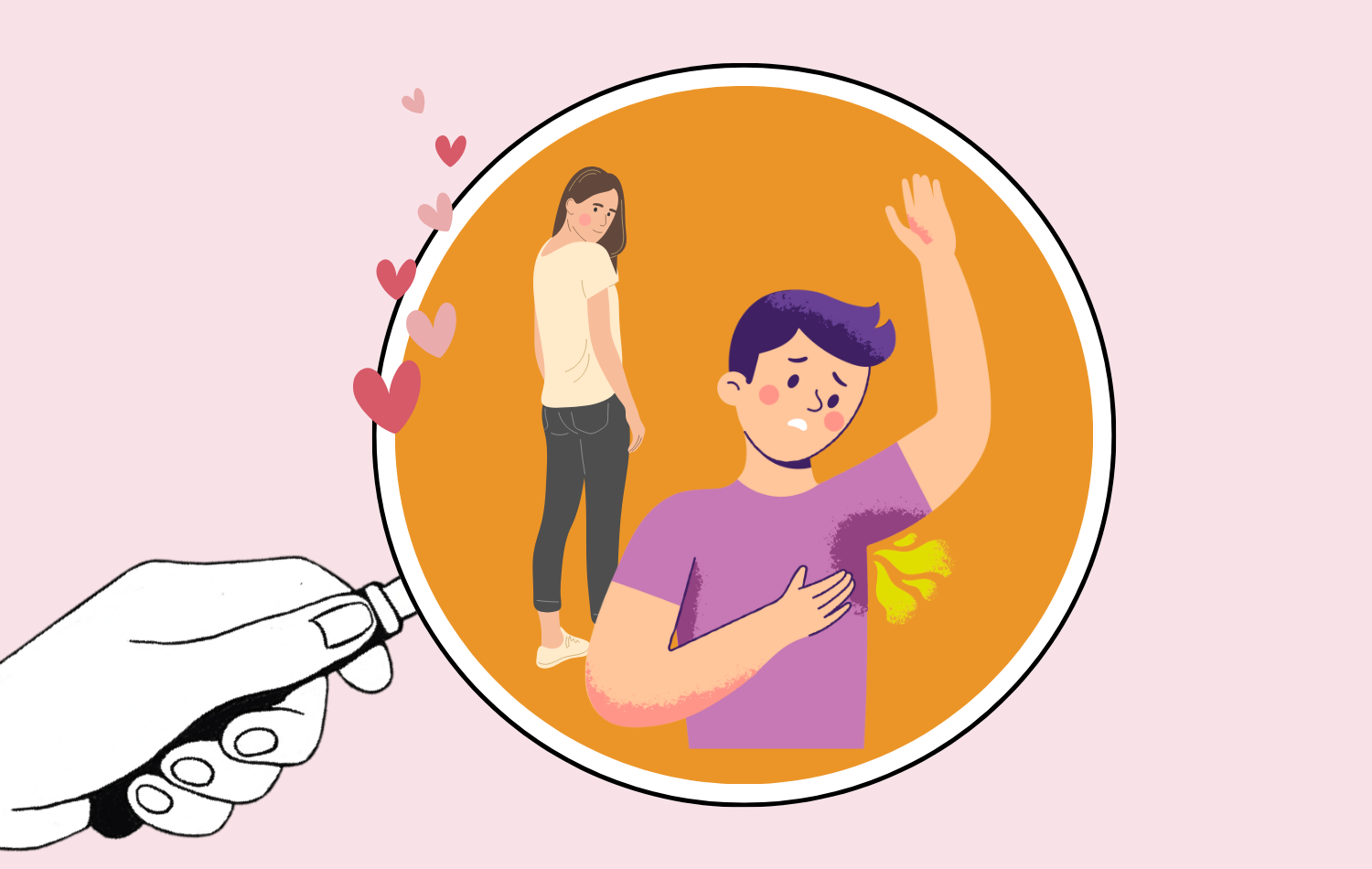 Illustration af en mand med kropslugt og en utilfreds kvinde, der vender sig væk, mens en hånd sprøjter deodorant, og der svæver hjerter rundt.