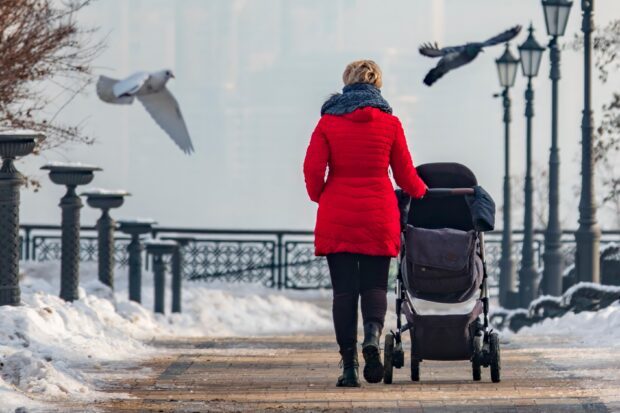 En person i en rød frakke skubber en barnevogn langs en snedækket sti i parken, der er omgivet af træer og gadelygter, mens fuglene flyver over hovedet.