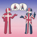 To figurer, den ene med et dansk flag og den anden med et britisk flag, står og taler sammen. Taleboblerne viser, at danskeren foretrækker at cykle, mens briten foretrækker at gå. Baggrunden skifter farve fra blå til lyserød.