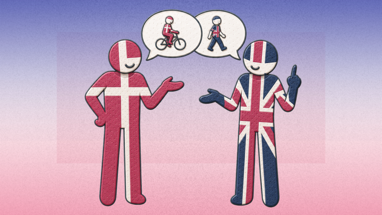 To figurer, den ene med et dansk flag og den anden med et britisk flag, står og taler sammen. Taleboblerne viser, at danskeren foretrækker at cykle, mens briten foretrækker at gå. Baggrunden skifter farve fra blå til lyserød.