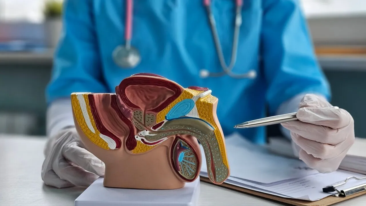 En sundhedsperson i blå kittel peger med en pen på en anatomisk model af det mandlige reproduktive system.