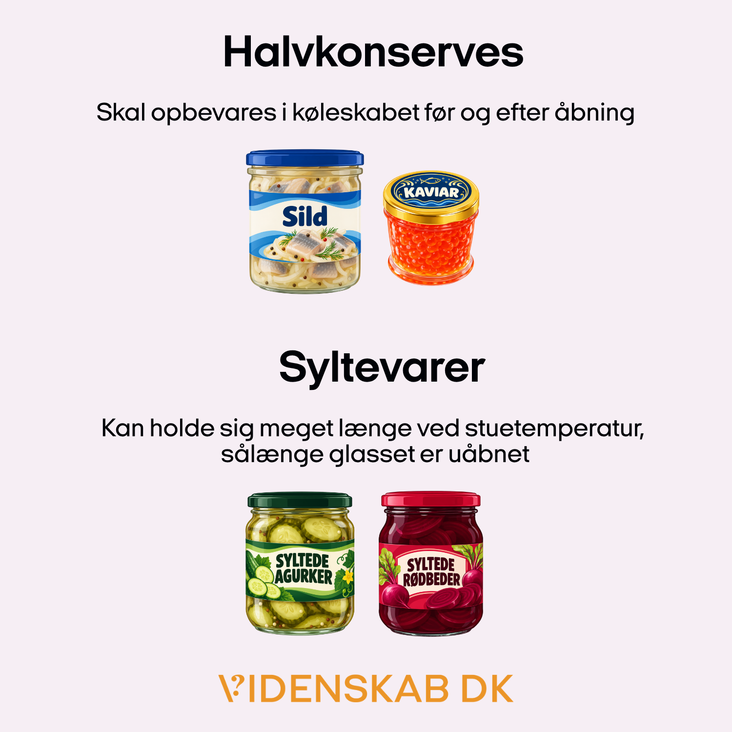 En infografik, der forklarer, at halvkonserverede fødevarer som sild og kaviar skal opbevares i køleskab, mens syltede varer som agurker og rødbeder kan opbevares ved stuetemperatur, indtil de åbnes.