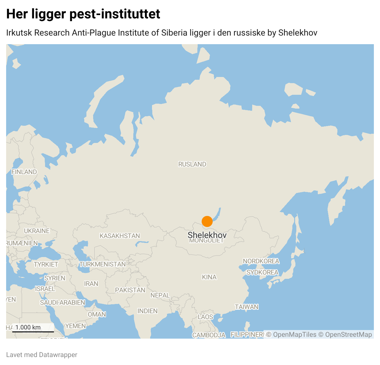 Kort over Rusland og de omkringliggende lande med en orange markør, der angiver, hvor Shelekhov ligger.