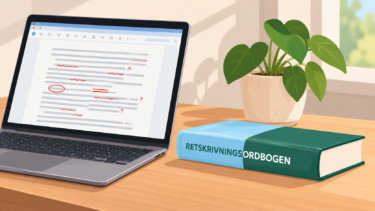 En bærbar computer, der viser et dokument med røde redigeringsmarkeringer, ved siden af en ordbog med titlen RETSKRIVNINGSORDBOGEN og en potteplante på et skrivebord.