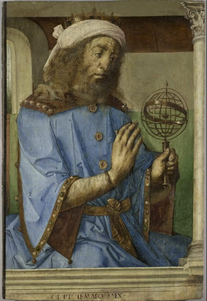 Maleriet forestiller en skægget mand i en blå kappe og med en krone, der holder en armillarsfære, med indskriften CL PTOLEMAEO ALEX nederst på billedet.