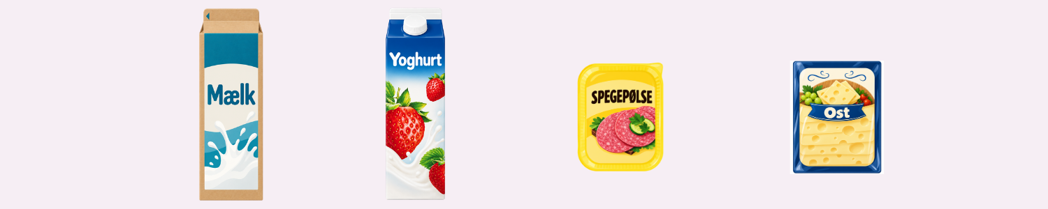 Mælkekartoner og yoghurt, en pakke skiveskåret salami og en pakke skiveskåret ost.