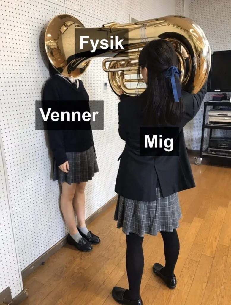 En elev med navnet Mig holder en stor tuba omkring hovedet på en anden elev ved navn Venner, hvor tubaens klangkop er mærket Fysik.