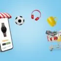 En smartphone, der viser en produktside for et ur, hvor en fodbold, røde hovedtelefoner og en gul krus svæver mellem telefonen og en indkøbskurv med forskellige varer.