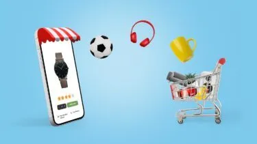 En smartphone, der viser en produktside for et ur, hvor en fodbold, røde hovedtelefoner og en gul krus svæver mellem telefonen og en indkøbskurv med forskellige varer.
