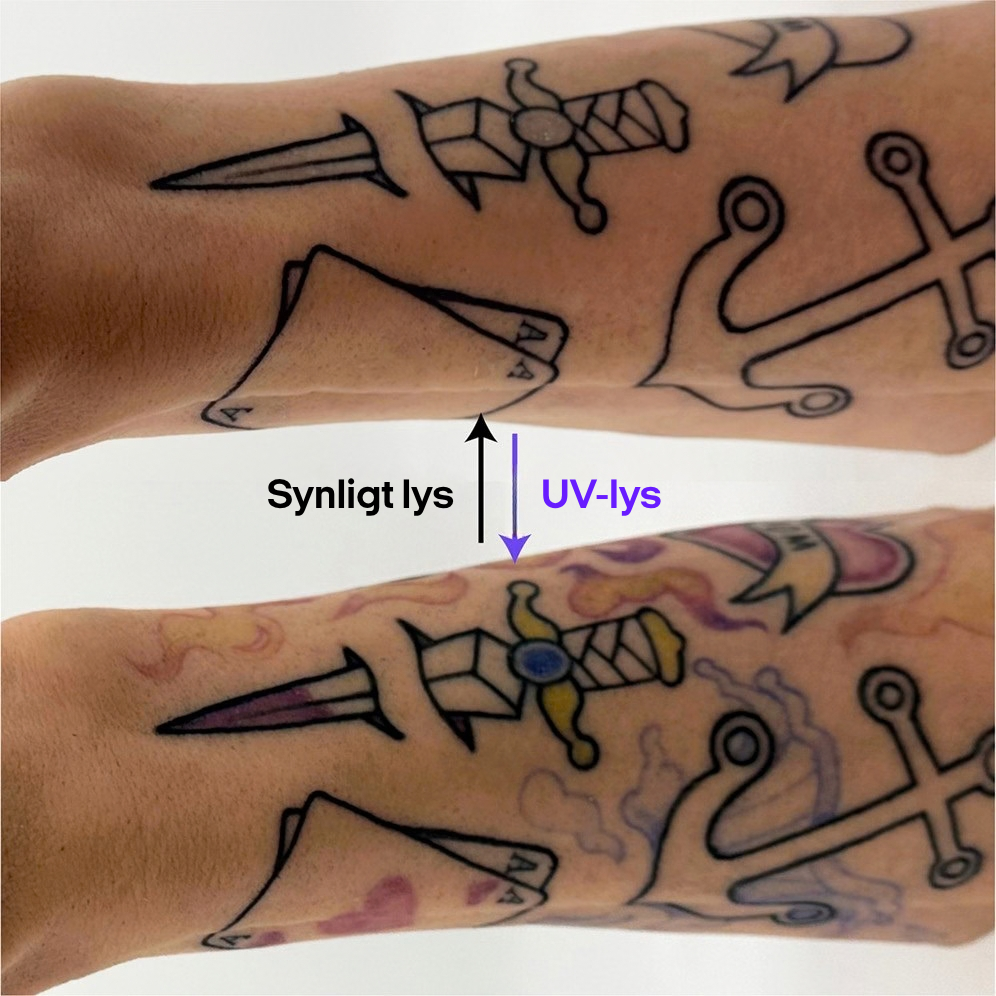 En sammenligning af en tatovering på en arm i synligt lys og i UV-lys, der viser, at blækket lyser under UV-belysning.