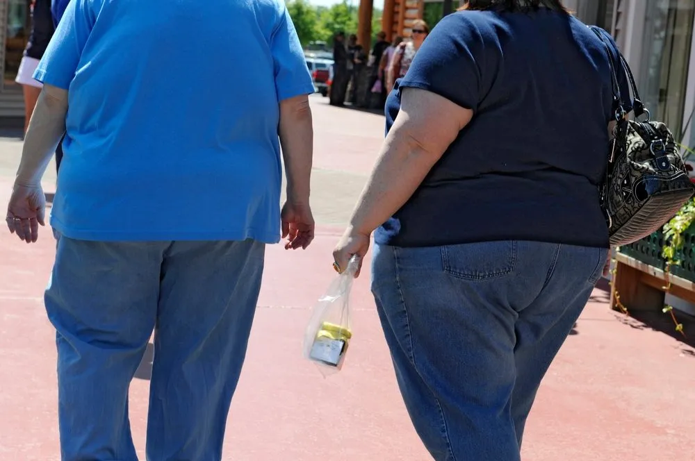 To personer i T-shirts og jeans går ned ad en asfalteret sti; den ene bærer en lille plastikpose, og den anden en sort håndtaske.