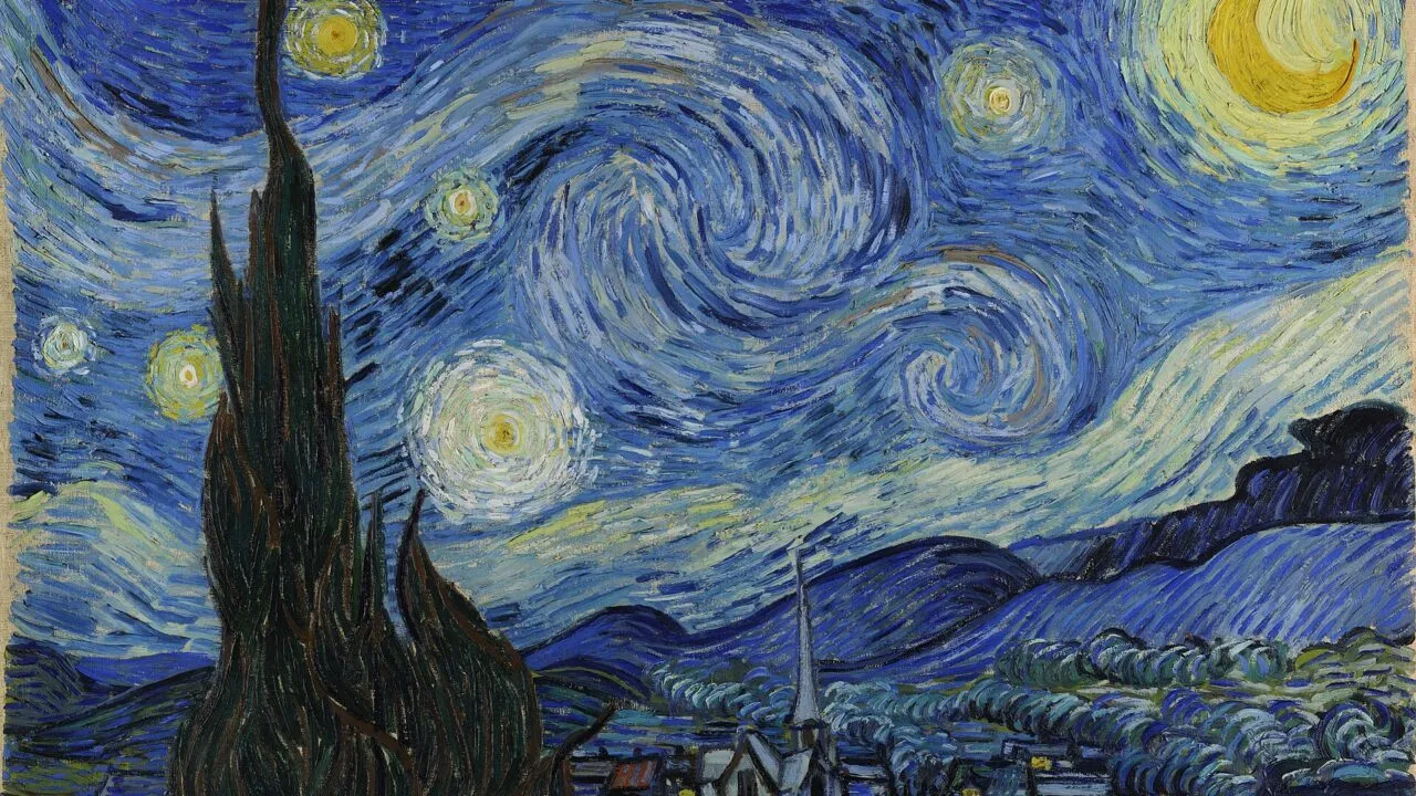 I Vincent van Goghs maleri Den stjerneklare nat ses et mørkt cypres-træ i forgrunden, en hvirvlende blå nattehimmel med lysende stjerner og en halvmåne samt en lille landsby nedenfor.