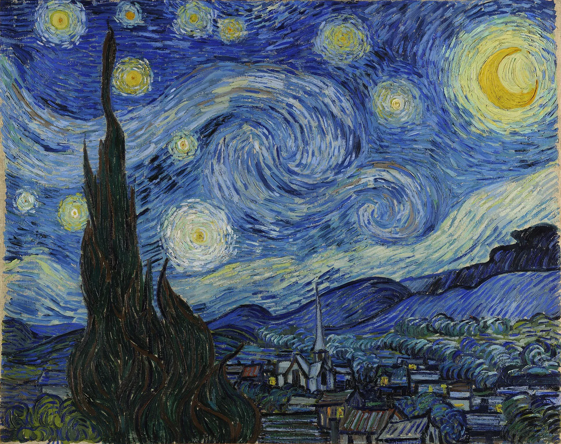 I Vincent van Goghs maleri Den stjerneklare nat ses et mørkt cypres-træ i forgrunden, en hvirvlende blå nattehimmel med lysende stjerner og en halvmåne samt en lille landsby nedenfor.