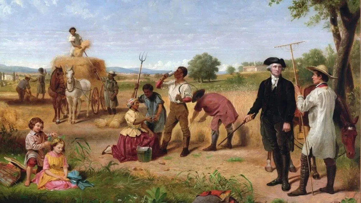 George Washington står på en mark og ser ned på slaver, der høster hvede.